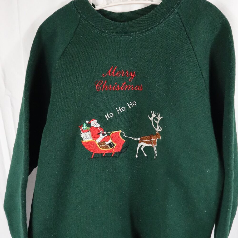 Vintage Girls Ugly Christmas Sweatshirt Embroidered Santa Reindeer Green Top